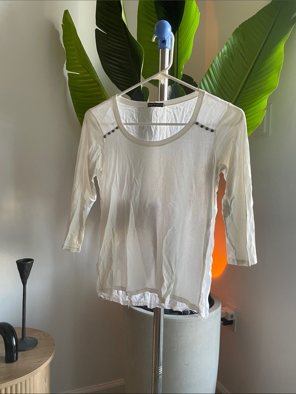 Off-White Scoop Neck Long Sleeve Top with Stud Detail